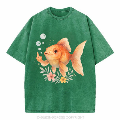 chubby goldfish blowing bubbles, one fin extended like middle finger - Vintage T-shirt - Forest Mist(Green)