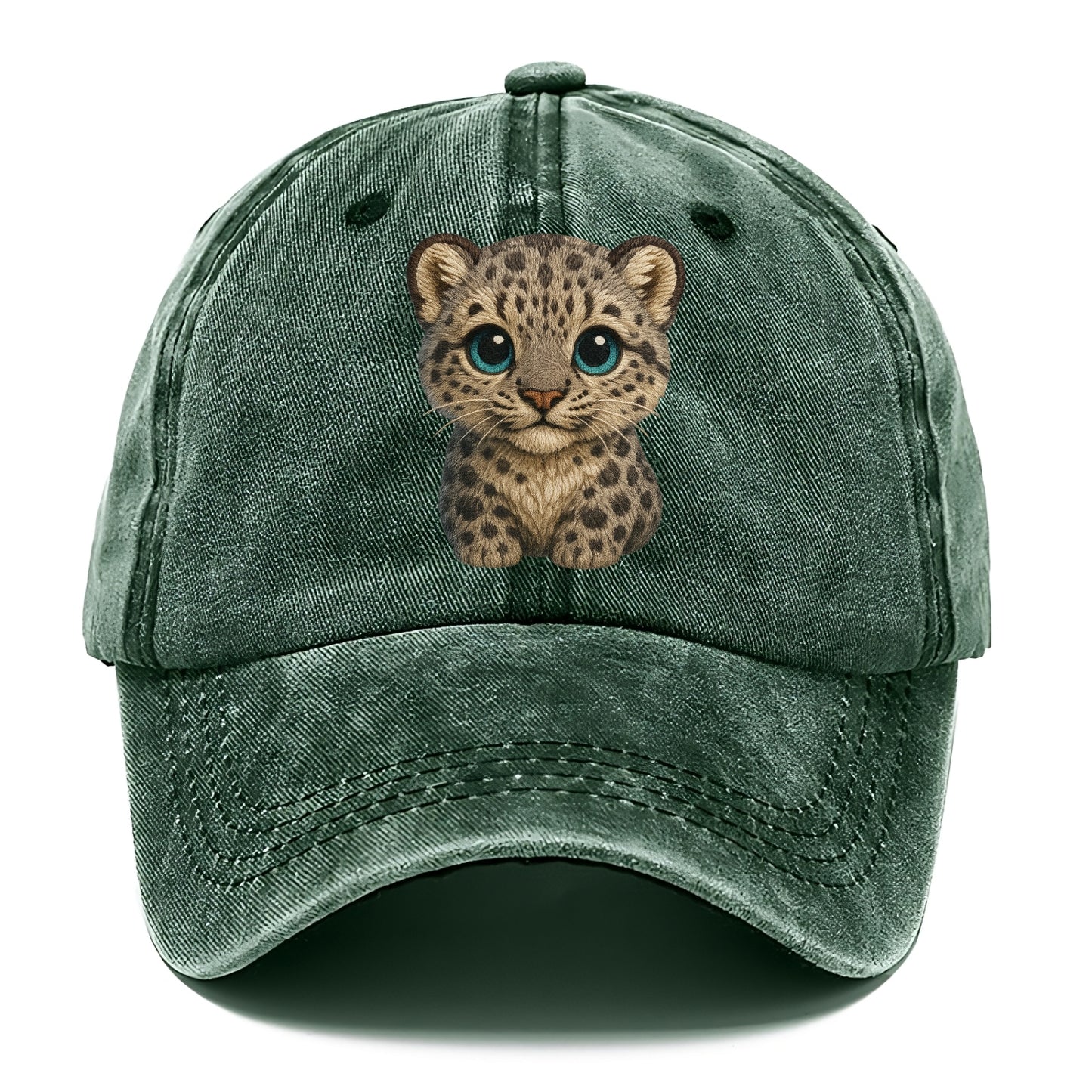Baby Snow Leopard Cub - gray spotted, thick fur, blue-green eyes, front-facing, - Classic Cap - Forest Mist(Green)