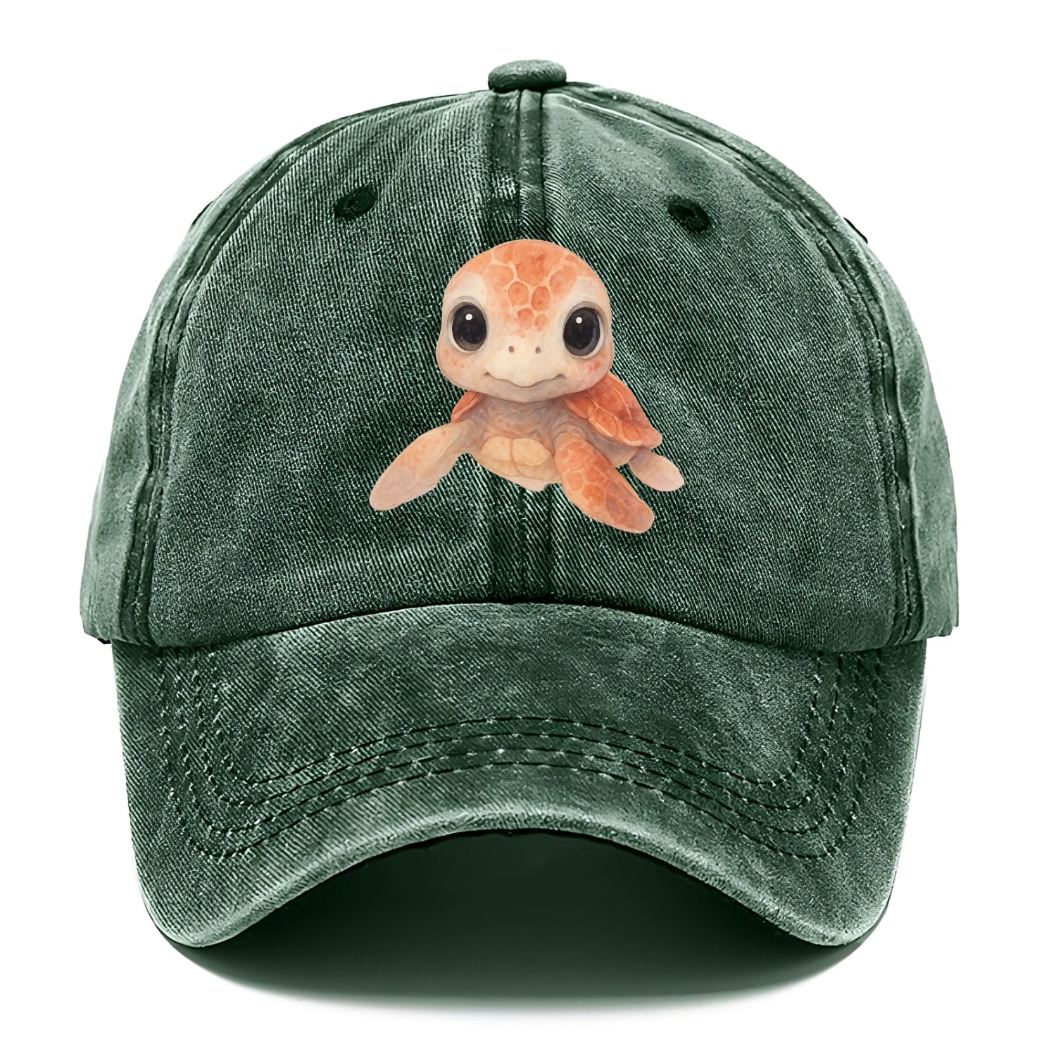 Baby Loggerhead Turtle - reddish-brown shell, big round dark eyes, chunky head, - Classic Cap - Forest Mist(Green)