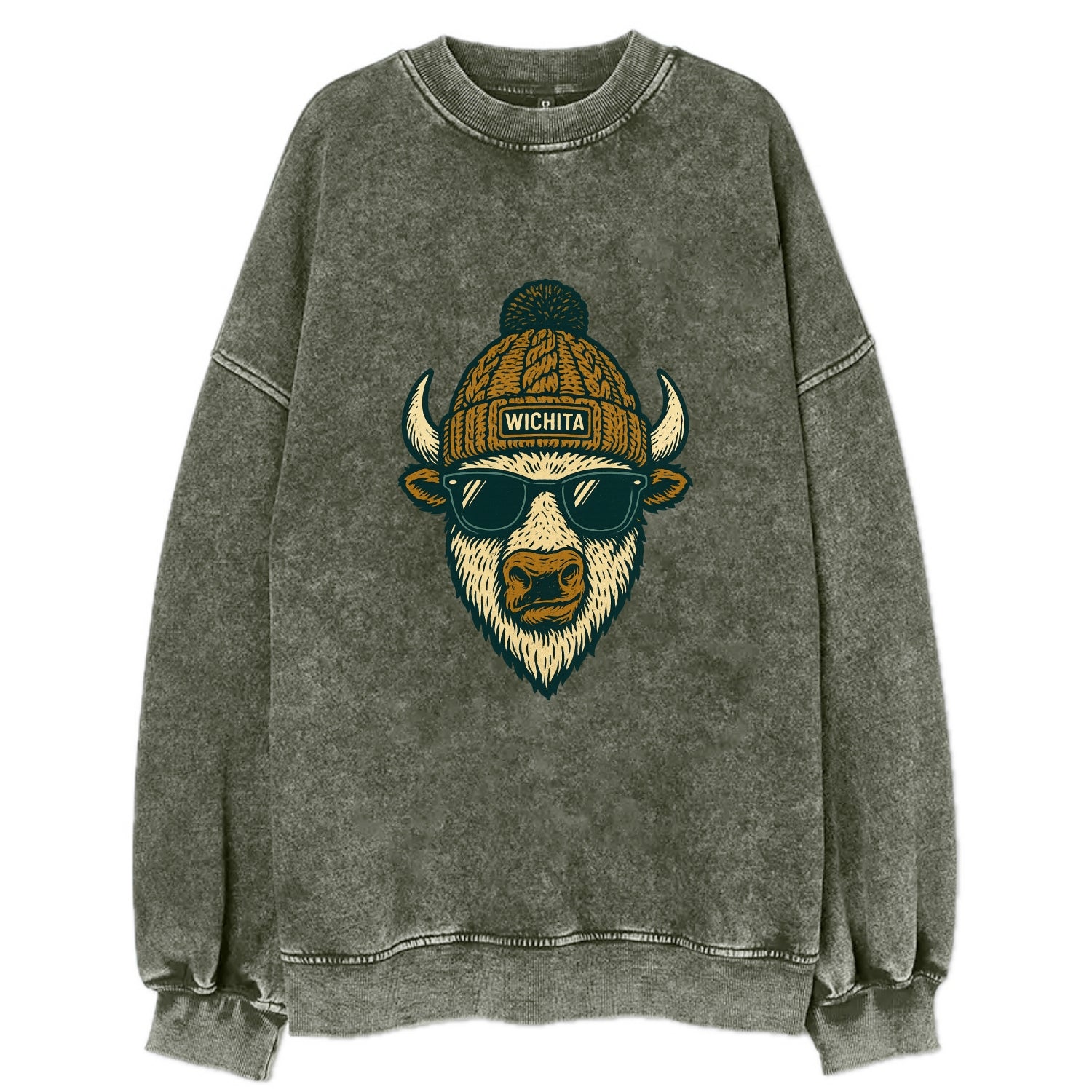 Kansas American Bison wearing Wichita beanie with pom pom and wayfarer - Vintage Sweatshirt - Forest Mist(Green)