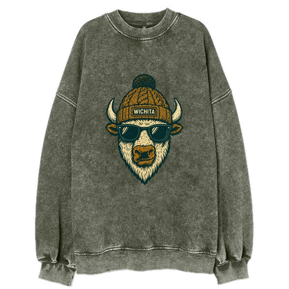 Kansas American Bison wearing Wichita beanie with pom pom and wayfarer - Vintage Sweatshirt - Forest Mist(Green)