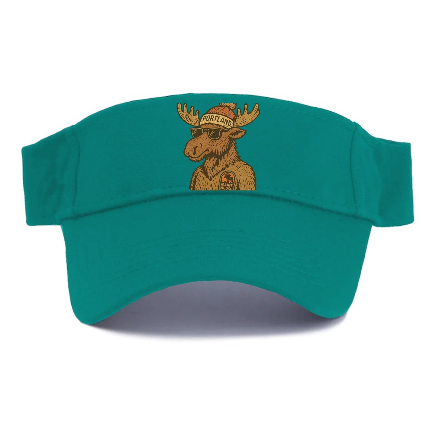 Maine Moose wearing Portland beanie with pom pom and wayfarer sunglasses - Visor - Forest Mist(Green)