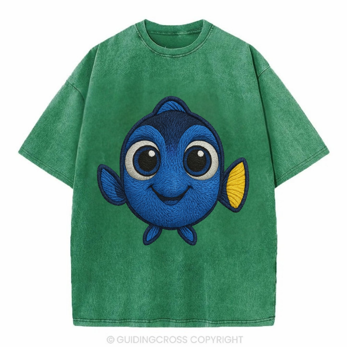 Baby Blue Tang - bright blue with yellow tail, big eyes, front-facing, Dory-style - Vintage T-shirt - Forest Mist(Green)