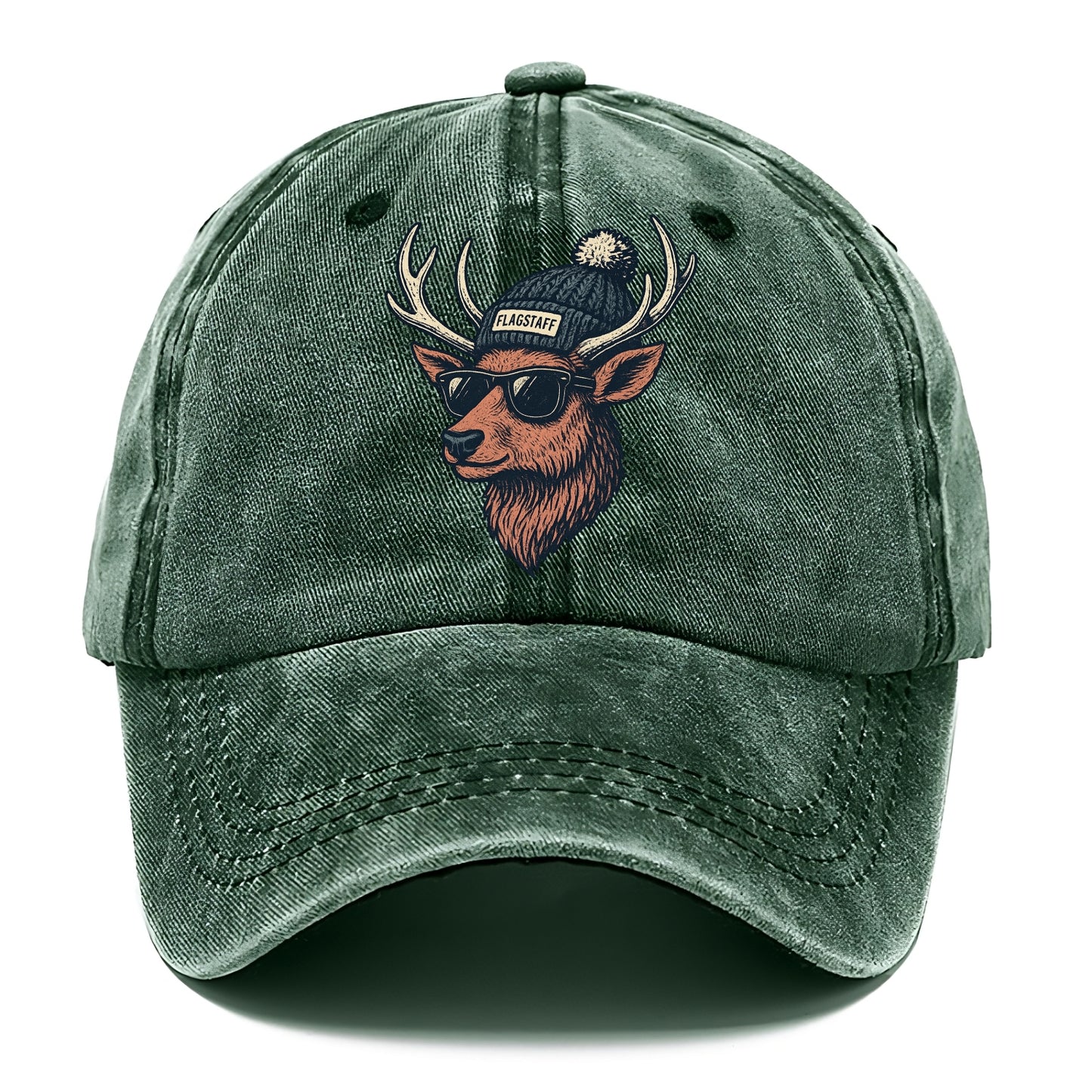 Flagstaff Elk wearing Flagstaff beanie with pom pom and wayfarer sunglasses - Classic Cap - Forest Mist(Green)