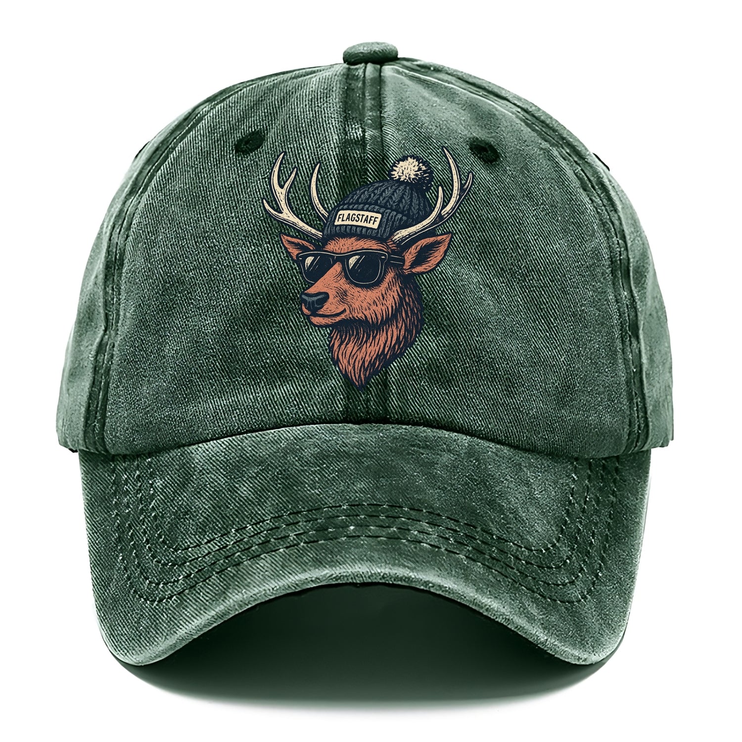 Flagstaff Elk wearing Flagstaff beanie with pom pom and wayfarer sunglasses - Classic Cap - Forest Mist(Green)