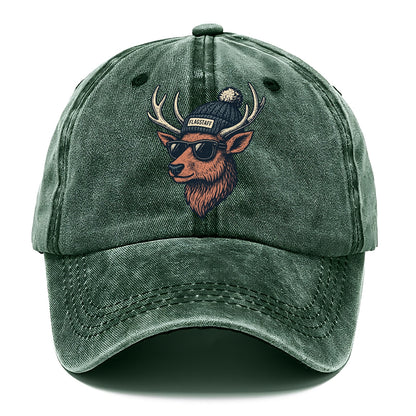 Flagstaff Elk wearing Flagstaff beanie with pom pom and wayfarer sunglasses - Classic Cap - Forest Mist(Green)