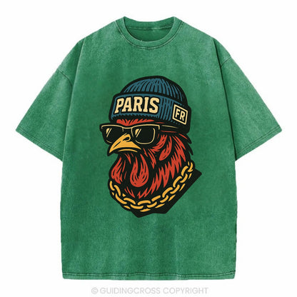 Paris Rooster - Vintage T-shirt - Forest Mist(Green)