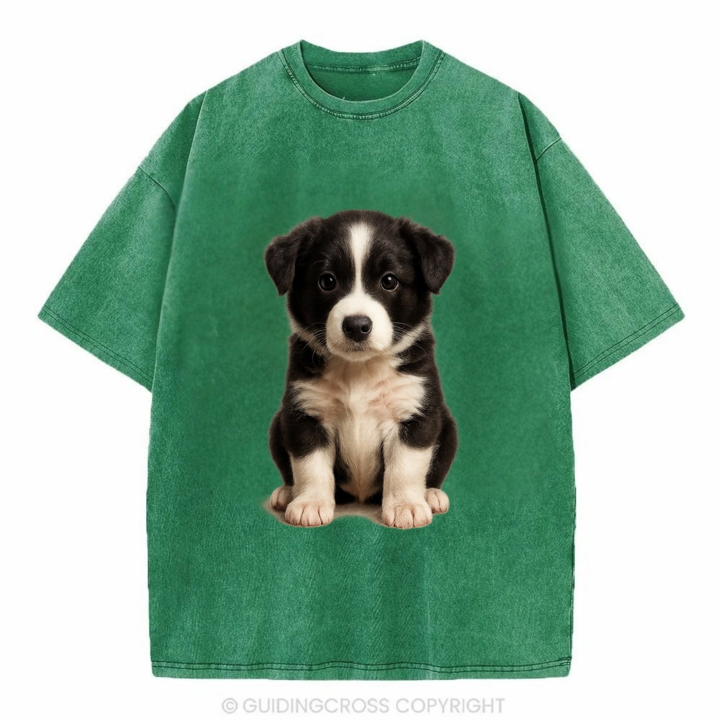 Baby Border Collie Puppy - black and white, intense smart eyes, athletic build, - Vintage T-shirt - Forest Mist(Green)