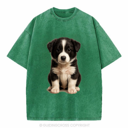 Baby Border Collie Puppy - black and white, intense smart eyes, athletic build, - Vintage T-shirt - Forest Mist(Green)
