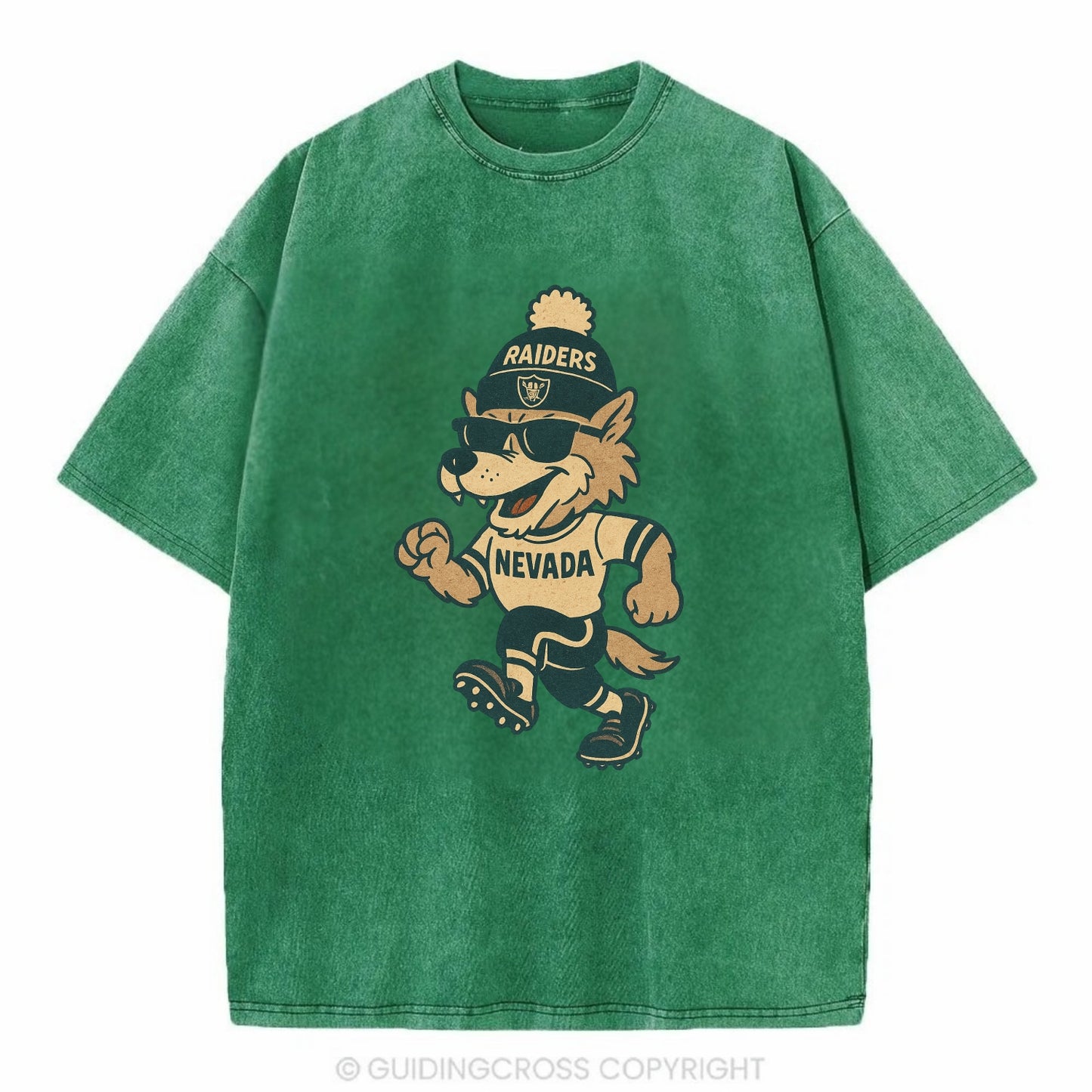 Nevada Wolf wearing Raiders beanie with outlaw patch and wayfarer sunglasses - Vintage T-shirt - Forest Mist(Green)