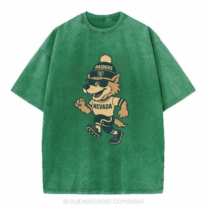 Nevada Wolf wearing Raiders beanie with outlaw patch and wayfarer sunglasses - Vintage T-shirt - Forest Mist(Green)