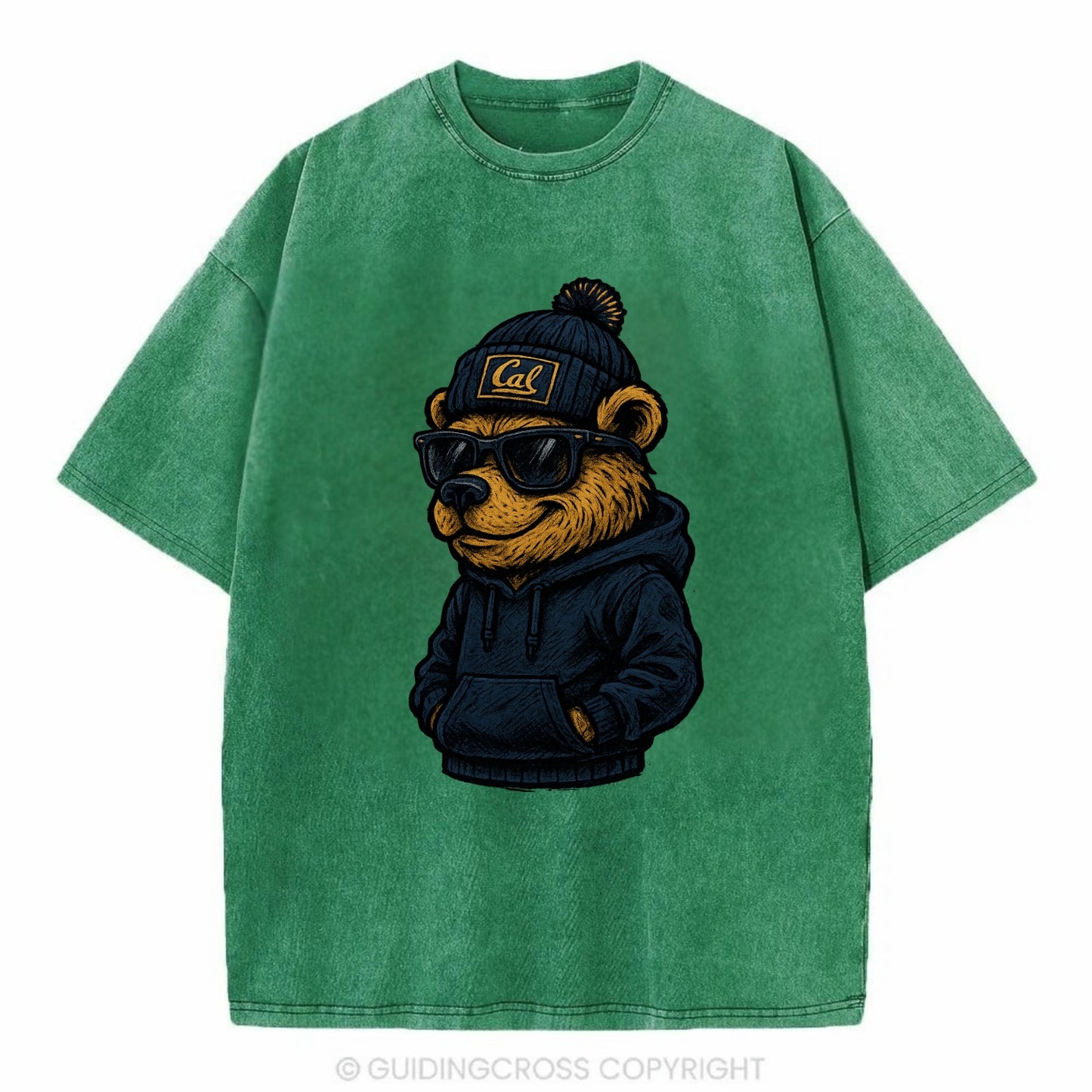 Berkeley Bear wearing Cal beanie with script patch - Vintage T-shirt - Forest Mist(Green)