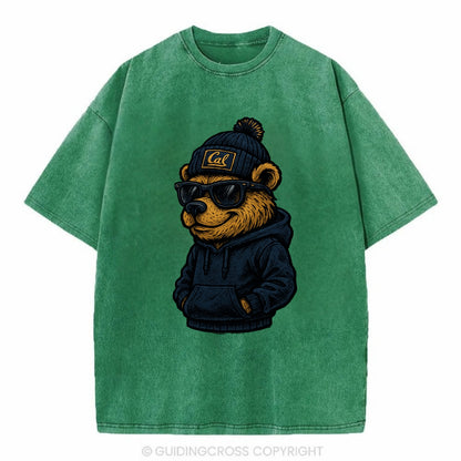 Berkeley Bear wearing Cal beanie with script patch - Vintage T-shirt - Forest Mist(Green)