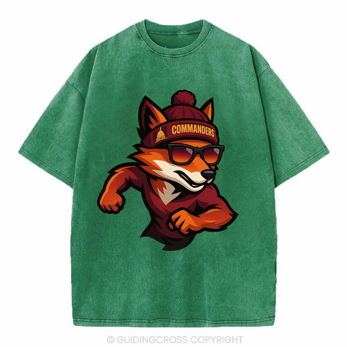 Washington Fox wearing Commanders beanie with Capitol patch and wayfarer - Vintage T-shirt - Forest Mist(Green)