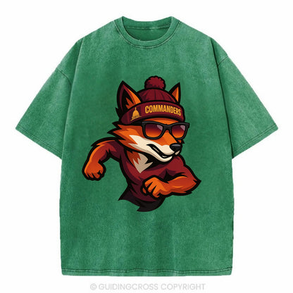 Washington Fox wearing Commanders beanie with Capitol patch and wayfarer - Vintage T-shirt - Forest Mist(Green)