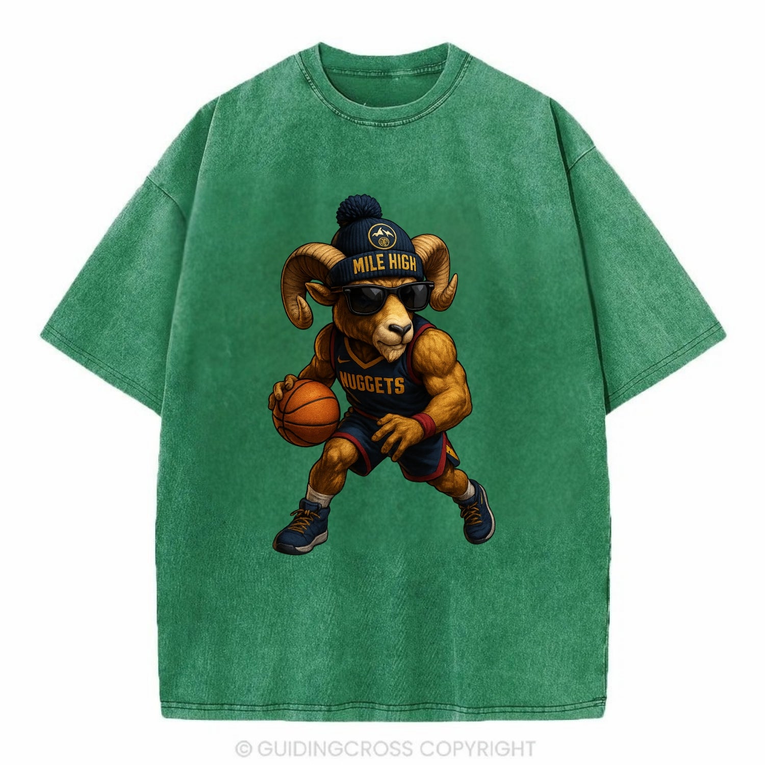 Mile High Bighorn wearing Nuggets beanie with mountain patch and wayfarer - Vintage T-shirt - Forest Mist(Green)