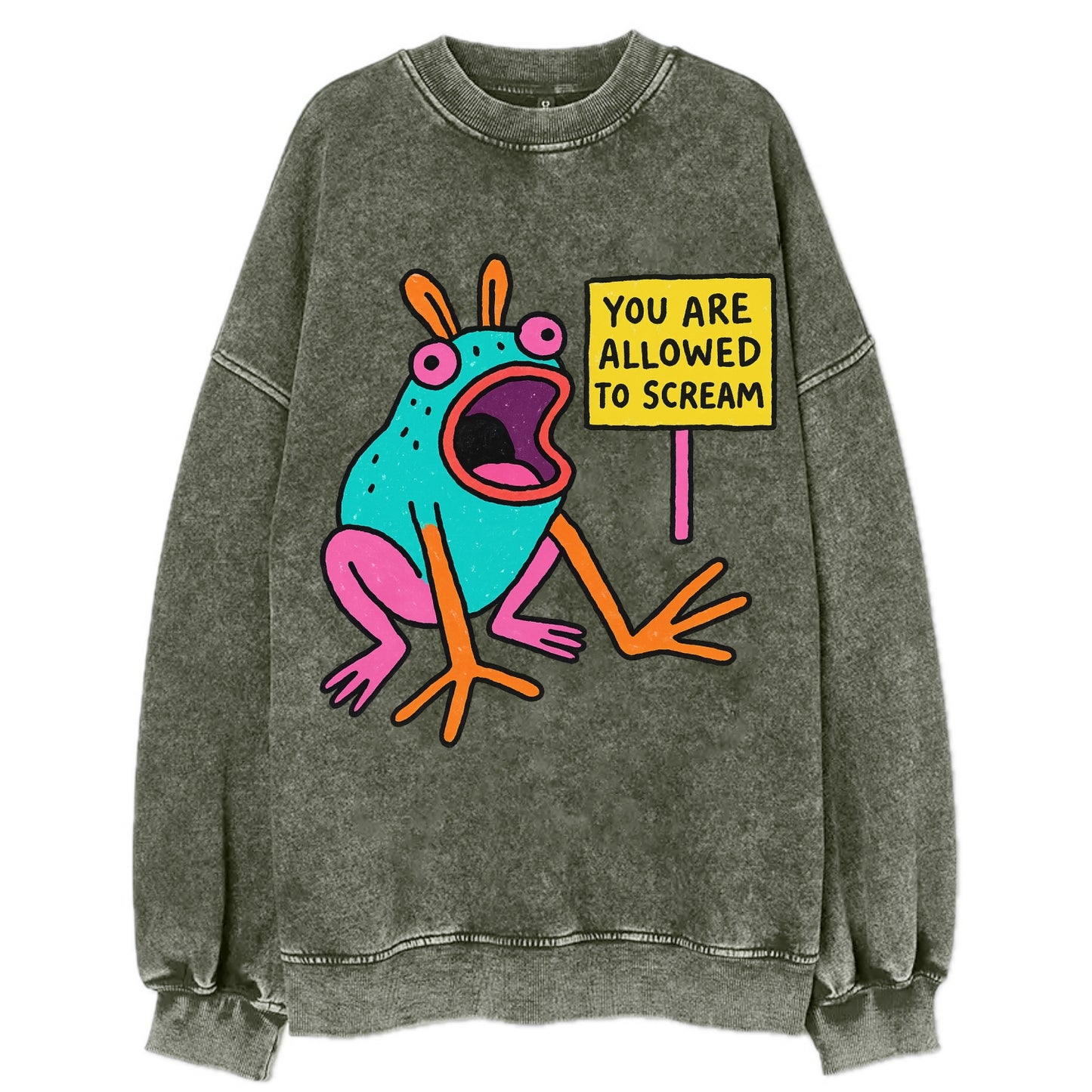 YOU ARE ALLOWED TO SCREAM | Open-mouthed frog mid-scream - Vintage Sweatshirt - Forest Mist(Green)