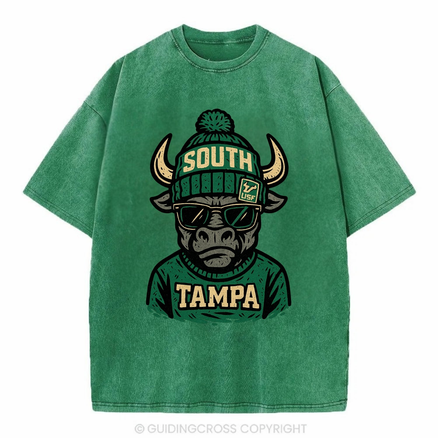 Tampa Bull wearing South Florida beanie with USF patch - Vintage T-shirt - Forest Mist(Green)