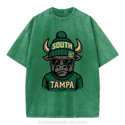 Tampa Bull wearing South Florida beanie with USF patch - Vintage T-shirt - Forest Mist(Green)