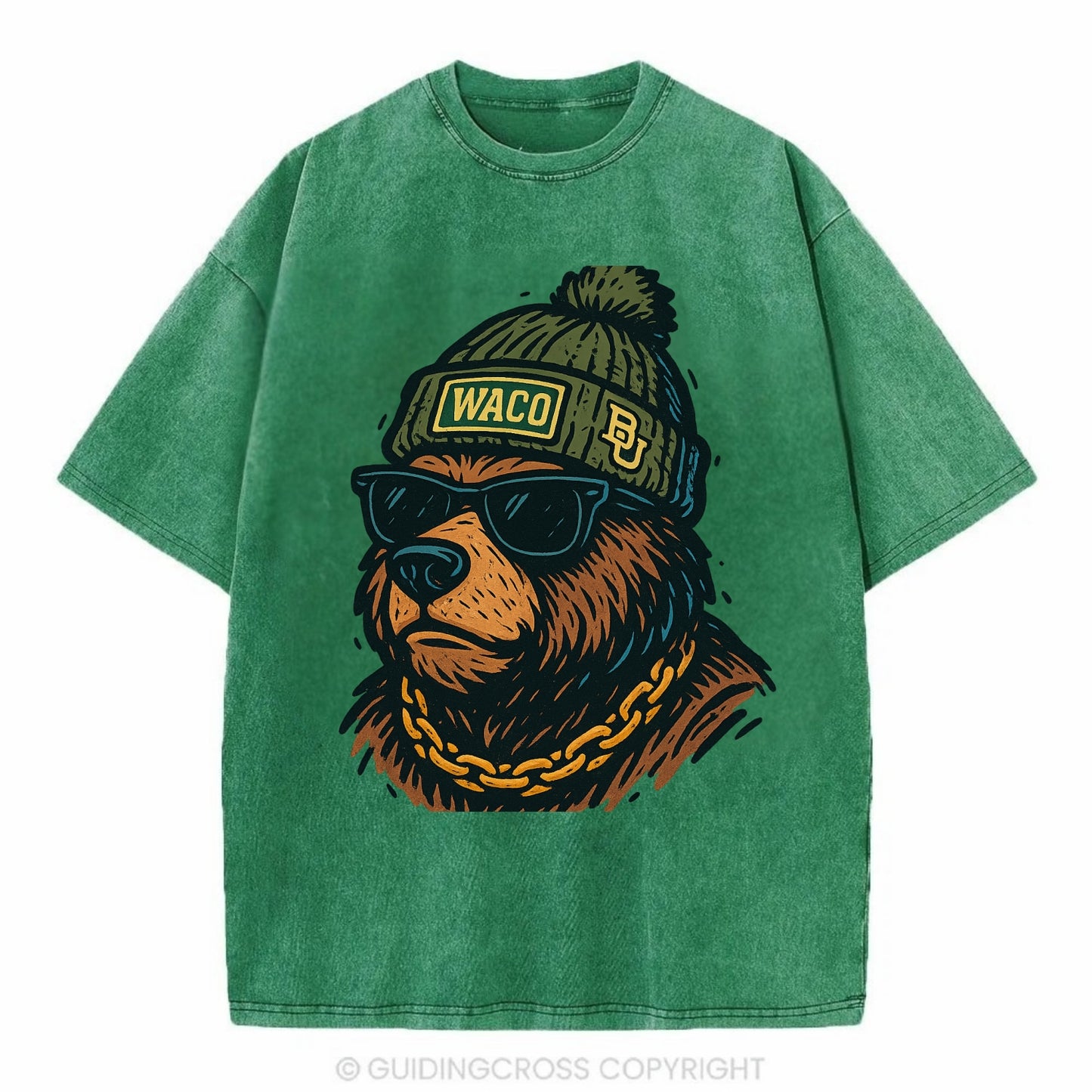 Waco Bear wearing Baylor beanie with BU patch - Vintage T-shirt - Forest Mist(Green)