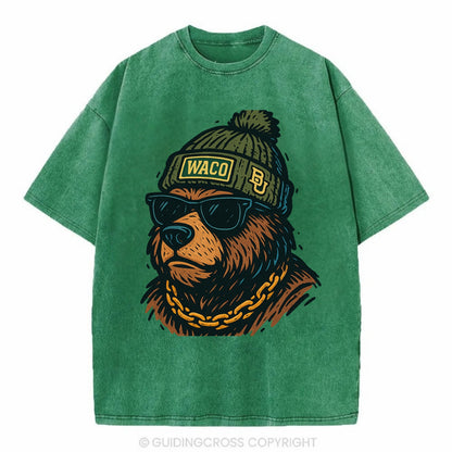 Waco Bear wearing Baylor beanie with BU patch - Vintage T-shirt - Forest Mist(Green)