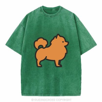 Pomeranian - Orange fluffy flat side profile - Vintage T-shirt - Forest Mist(Green)