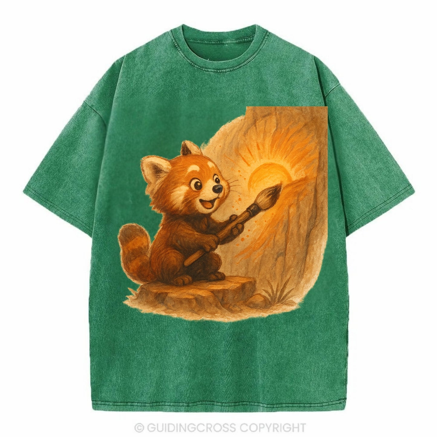 Red panda painting a sunrise mural with an oversized calligraphy brush on a cliff - Vintage T-shirt - Forest Mist(Green)