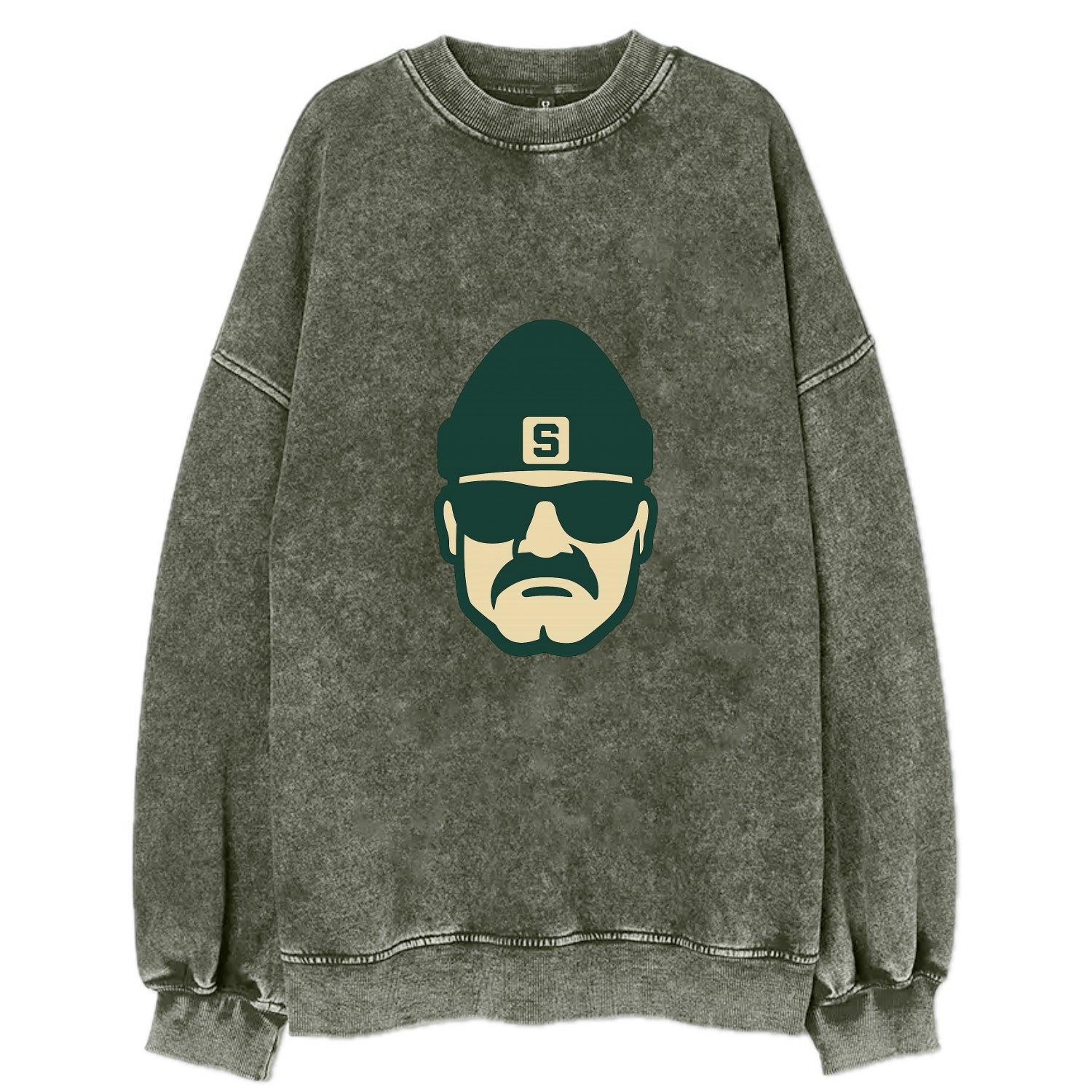 East Lansing Spartan wearing Michigan State beanie with S patch - Vintage Sweatshirt - Forest Mist(Green)