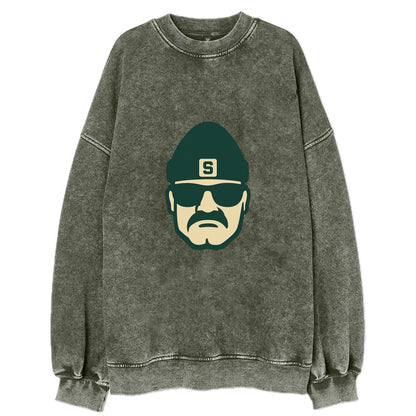 East Lansing Spartan wearing Michigan State beanie with S patch - Vintage Sweatshirt - Forest Mist(Green)