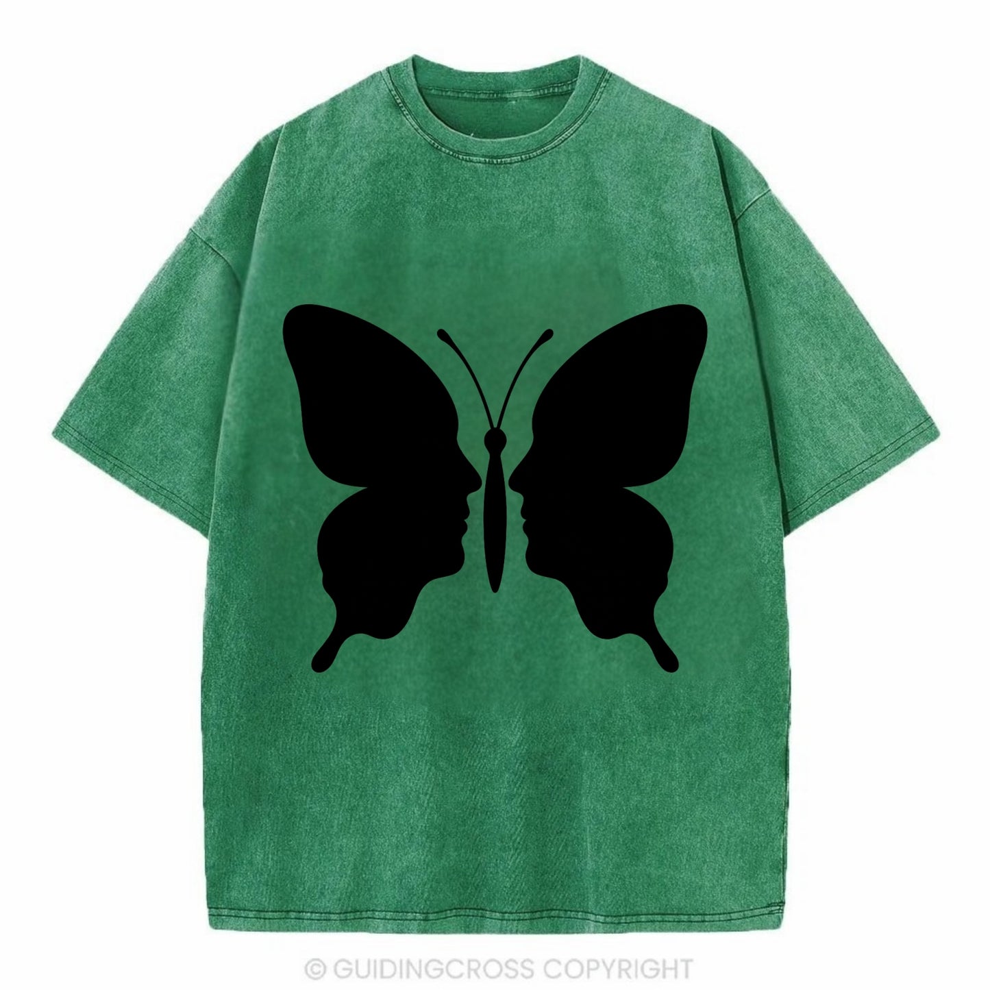 Butterfly wings - negative space reveals hidden faces or patterns - Vintage T-shirt - Forest Mist(Green)