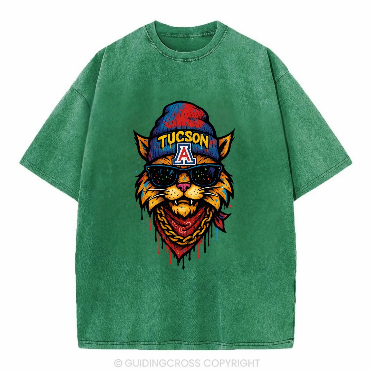Tucson Wildcat wearing Arizona beanie with A patch - Vintage T-shirt - Forest Mist(Green)