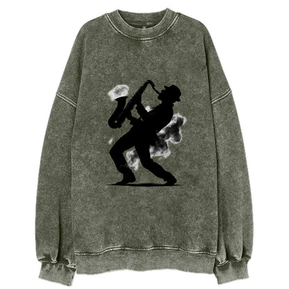 Saxophonist playing jazz in smoky room - Vintage Sweatshirt - Forest Mist(Green)