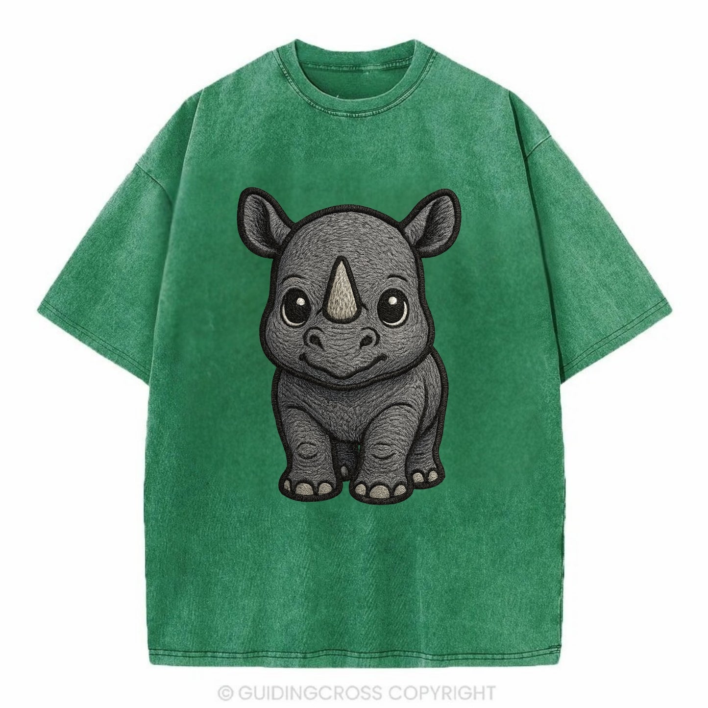 Baby Rhino - gray armor skin, tiny horn nub, round eyes, front-facing, tank baby - Vintage T-shirt - Forest Mist(Green)