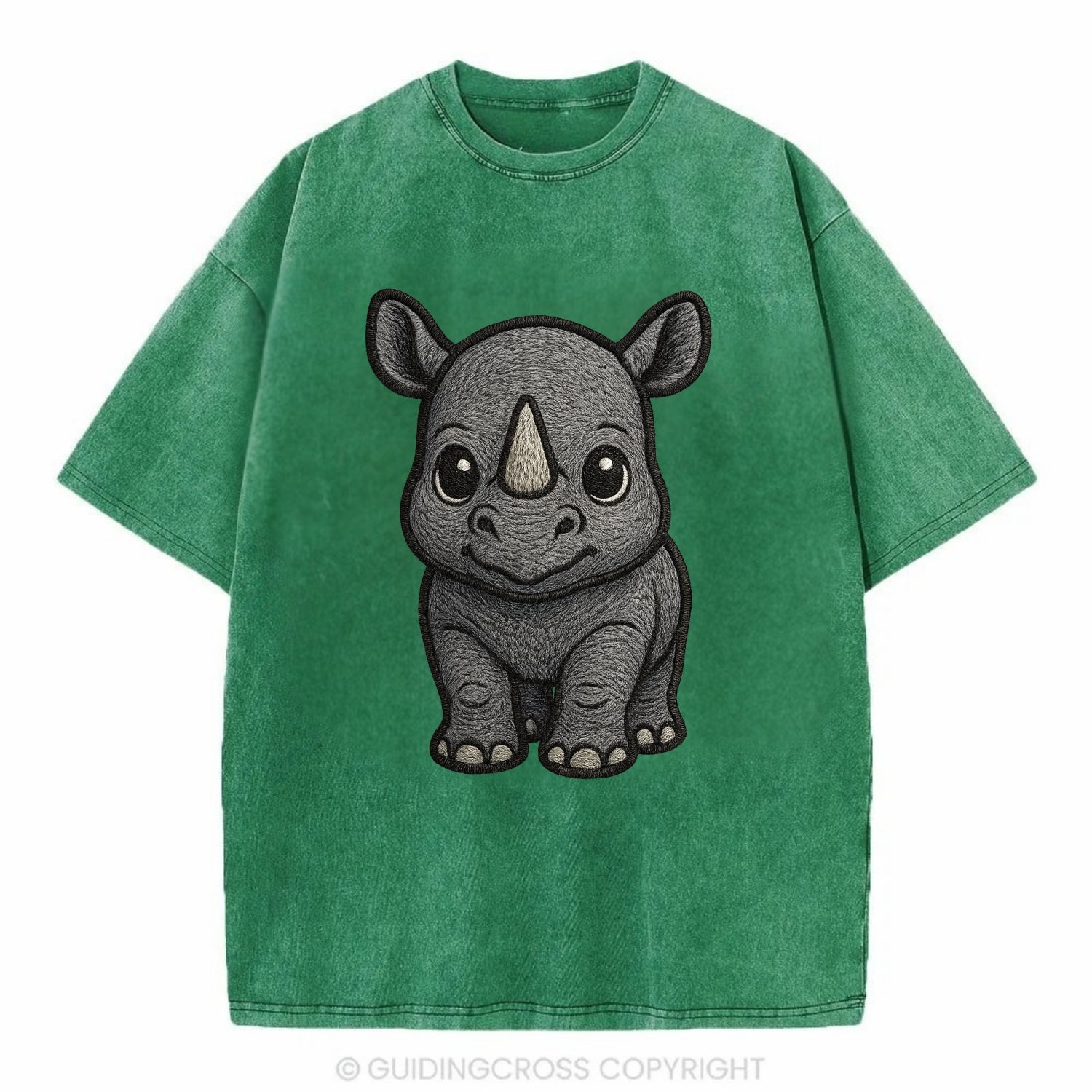 Baby Rhino - gray armor skin, tiny horn nub, round eyes, front-facing, tank baby - Vintage T-shirt - Forest Mist(Green)