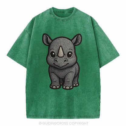 Baby Rhino - gray armor skin, tiny horn nub, round eyes, front-facing, tank baby - Vintage T-shirt - Forest Mist(Green)