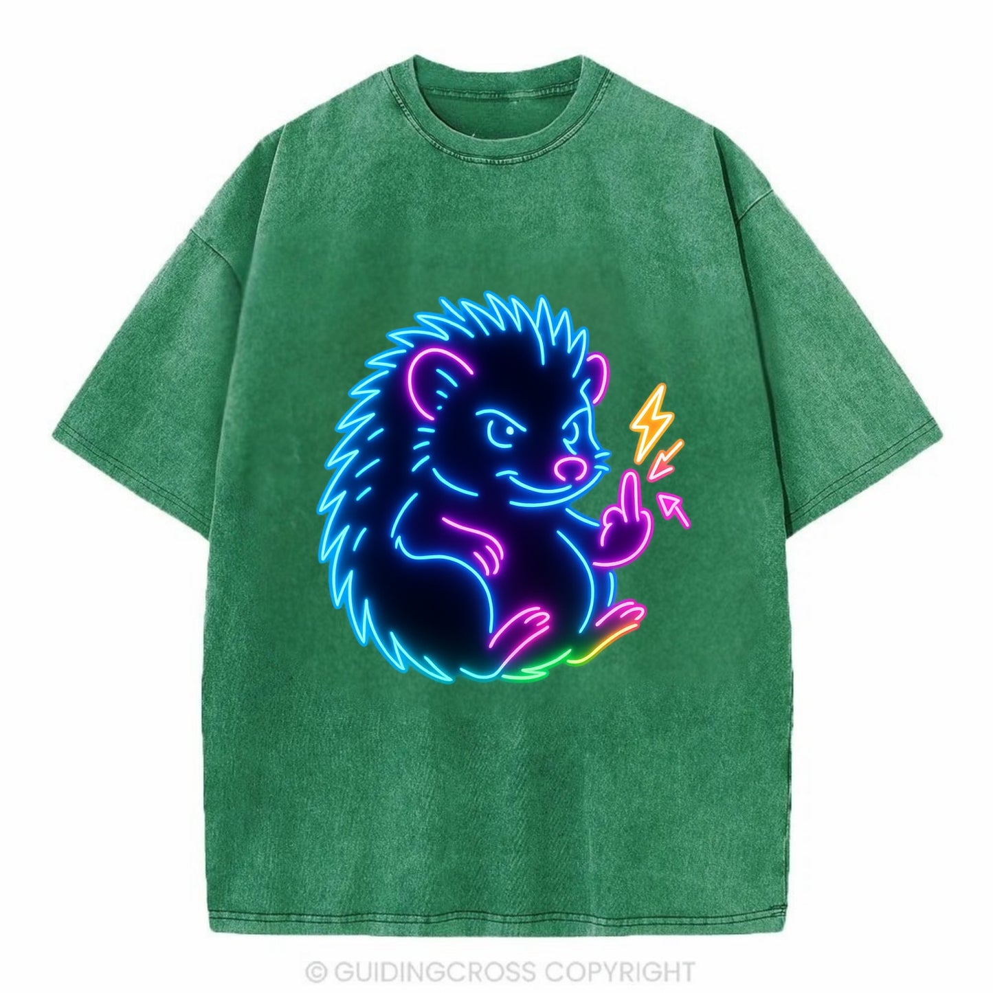 tiny hedgehog curled up slightly, one little paw raised flipping the bird - Vintage T-shirt - Forest Mist(Green)