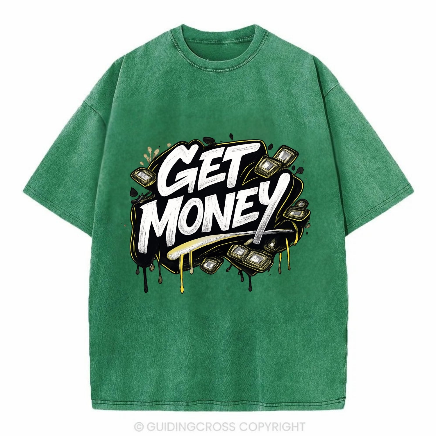Bold typography design - "GET MONEY" - pursuit of wealth, earning - Vintage T-shirt - Forest Mist(Green)