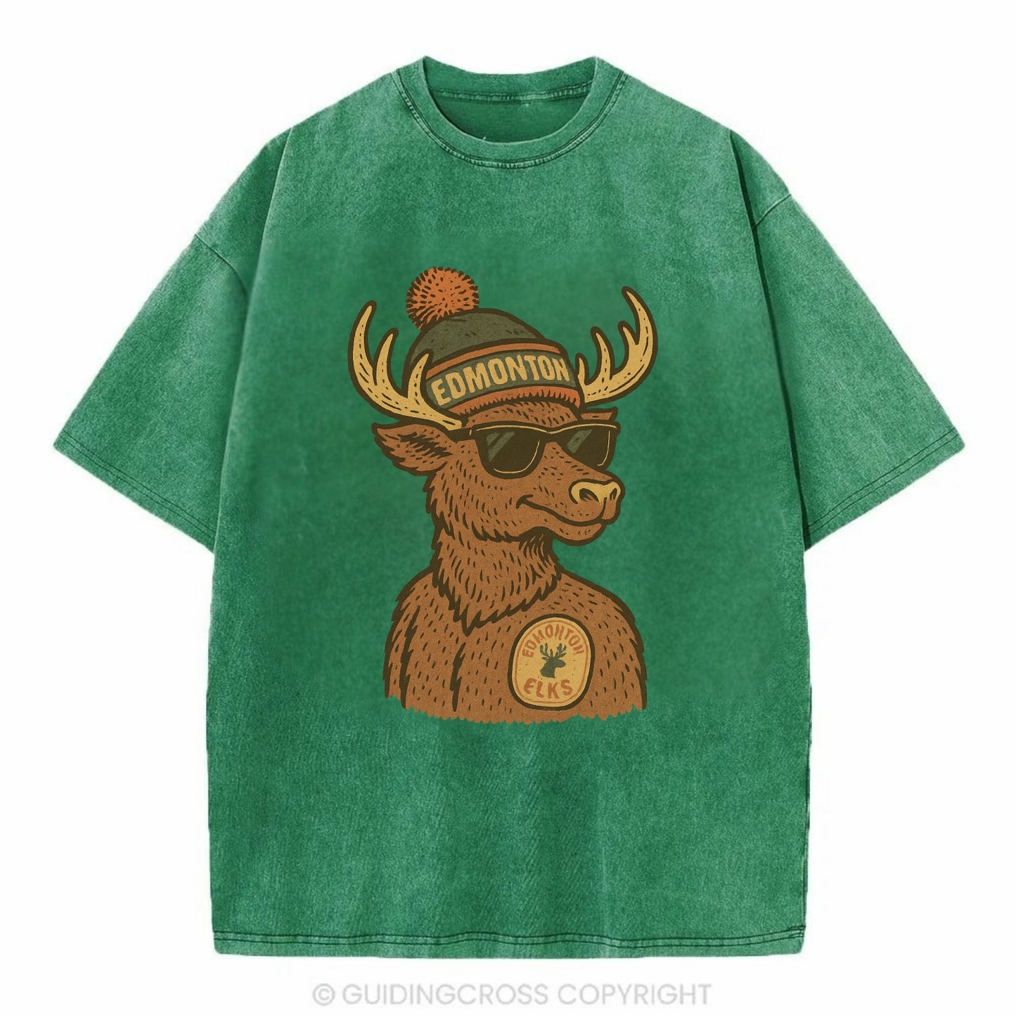 Edmonton Elk wearing Edmonton beanie with pom pom and wayfarer sunglasses - Vintage T-shirt - Forest Mist(Green)