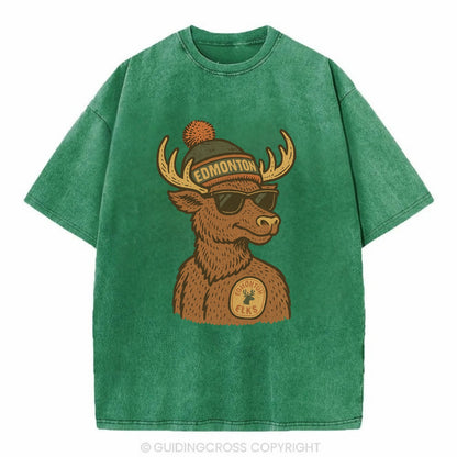 Edmonton Elk wearing Edmonton beanie with pom pom and wayfarer sunglasses - Vintage T-shirt - Forest Mist(Green)