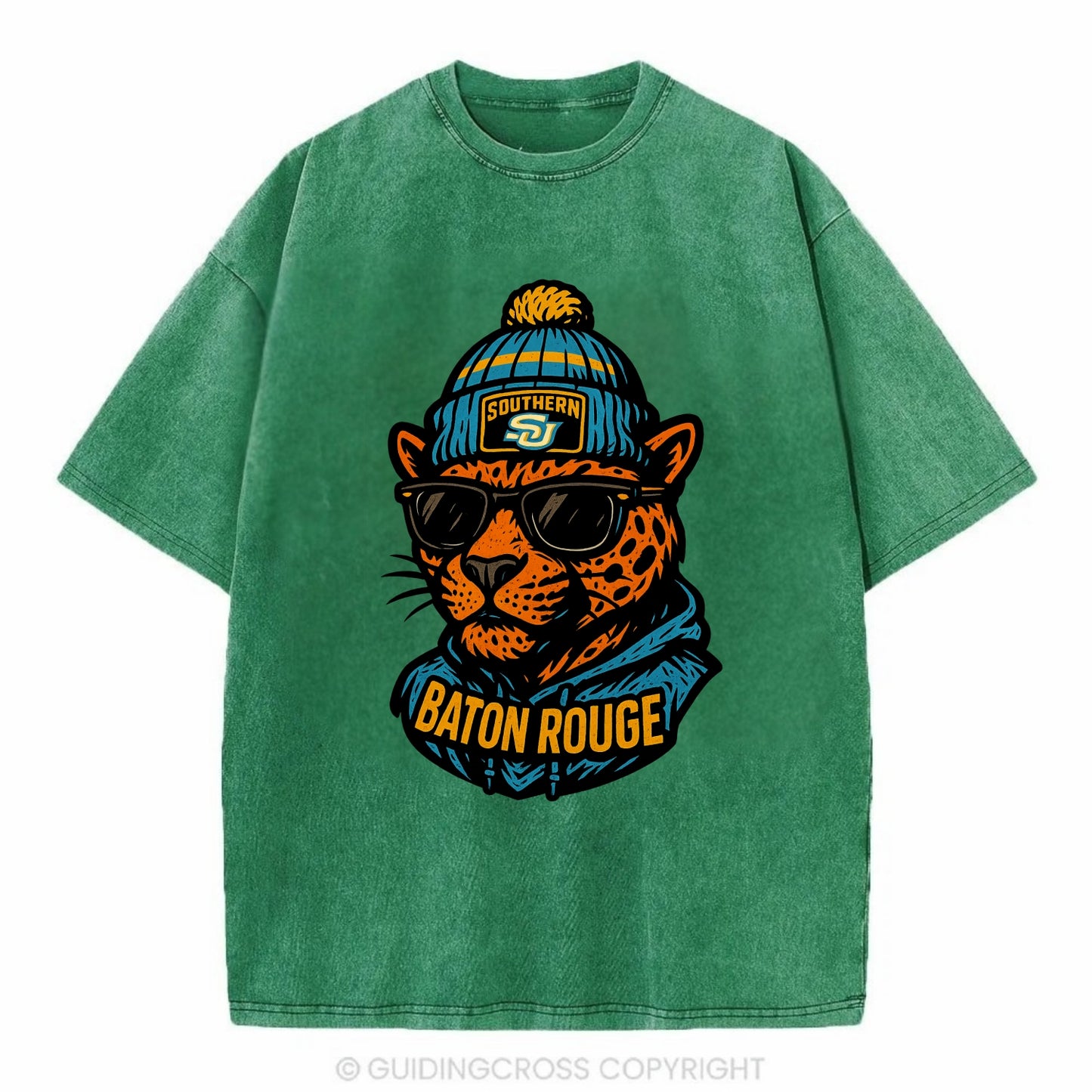Baton Rouge Jaguar wearing Southern beanie with SU patch - Vintage T-shirt - Forest Mist(Green)