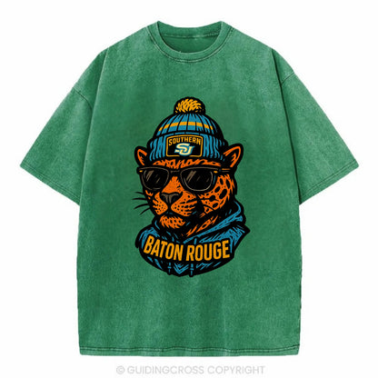 Baton Rouge Jaguar wearing Southern beanie with SU patch - Vintage T-shirt - Forest Mist(Green)