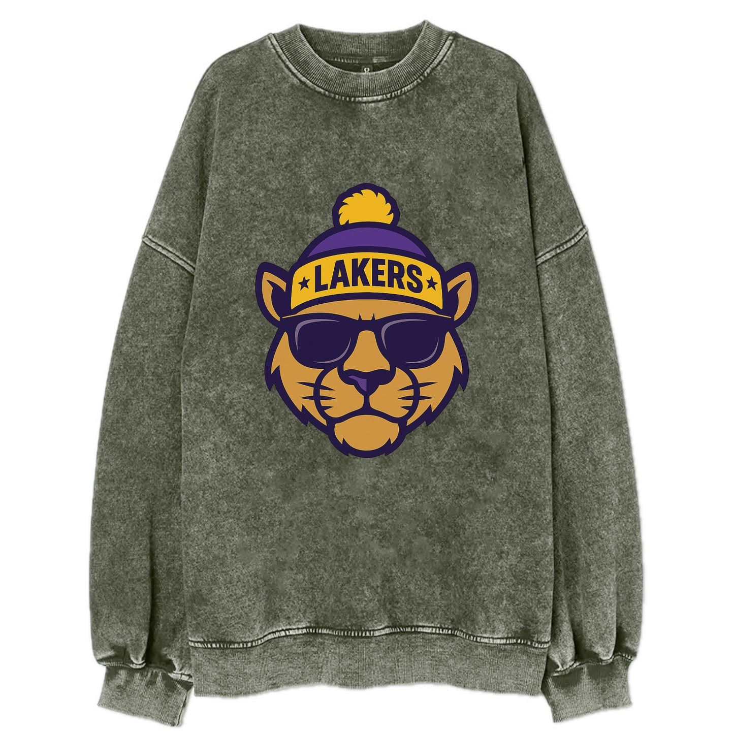 LA Mountain Lion wearing Lakers purple and gold beanie with championship stars - Vintage Sweatshirt - Forest Mist(Green)