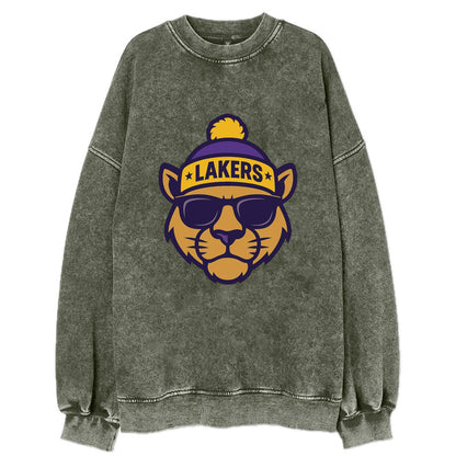 LA Mountain Lion wearing Lakers purple and gold beanie with championship stars - Vintage Sweatshirt - Forest Mist(Green)