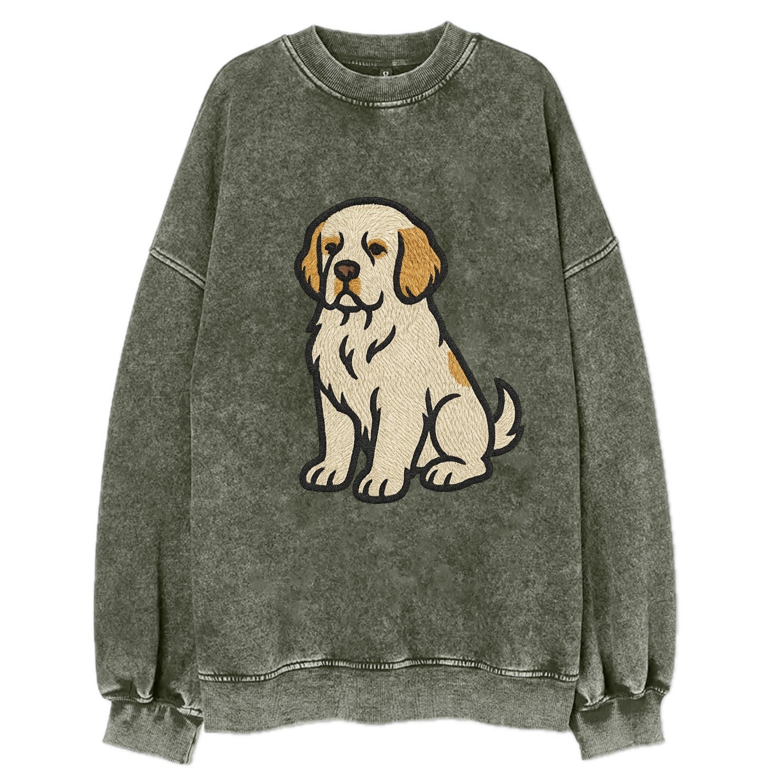 Clumber Spaniel - White with lemon markings embroidered pose - Vintage Sweatshirt - Forest Mist(Green)