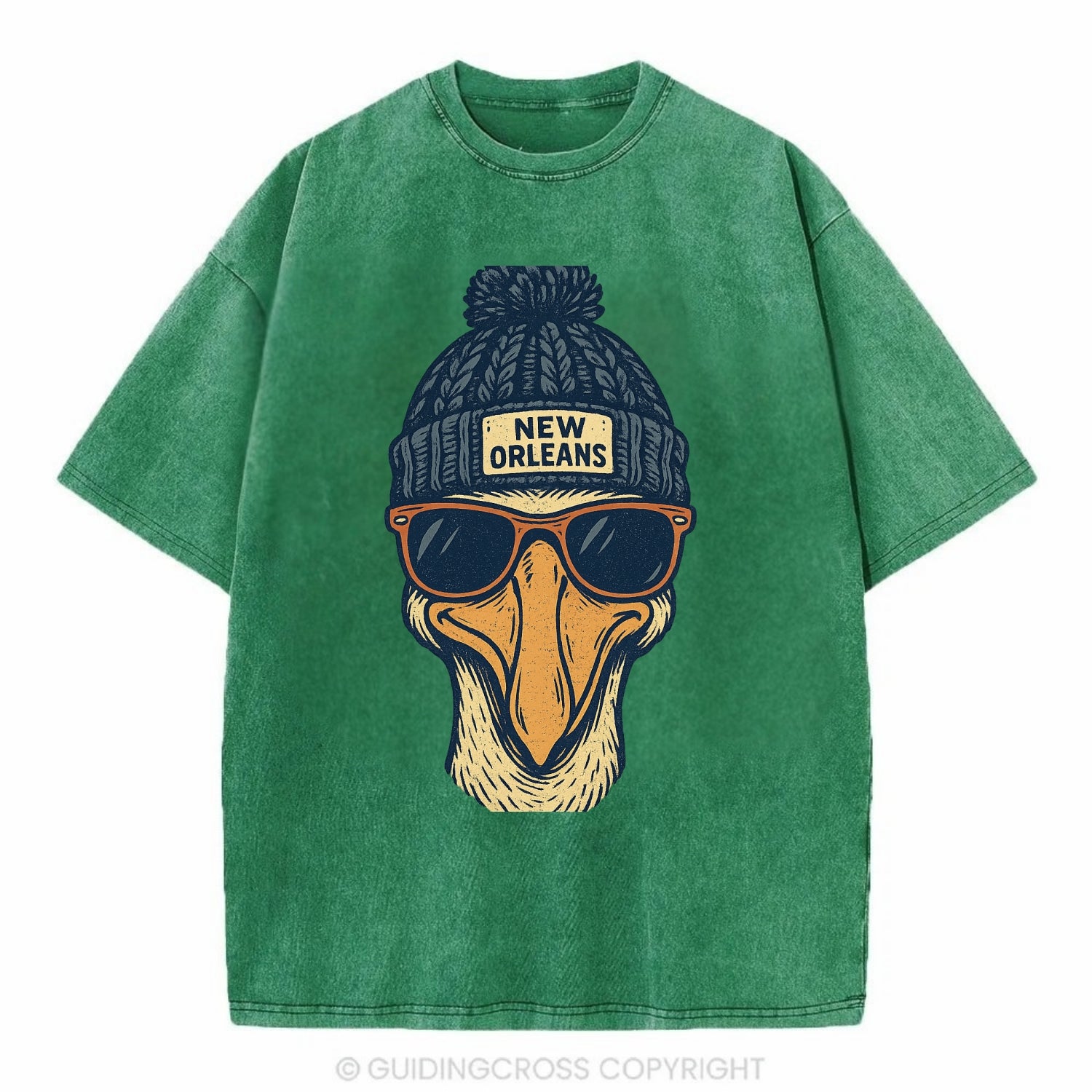 New Orleans Pelican wearing New Orleans beanie with pom pom and wayfarer - Vintage T-shirt - Forest Mist(Green)