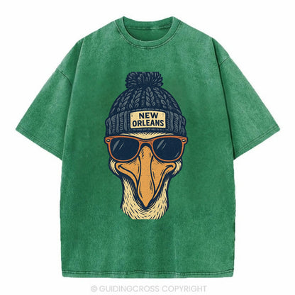 New Orleans Pelican wearing New Orleans beanie with pom pom and wayfarer - Vintage T-shirt - Forest Mist(Green)
