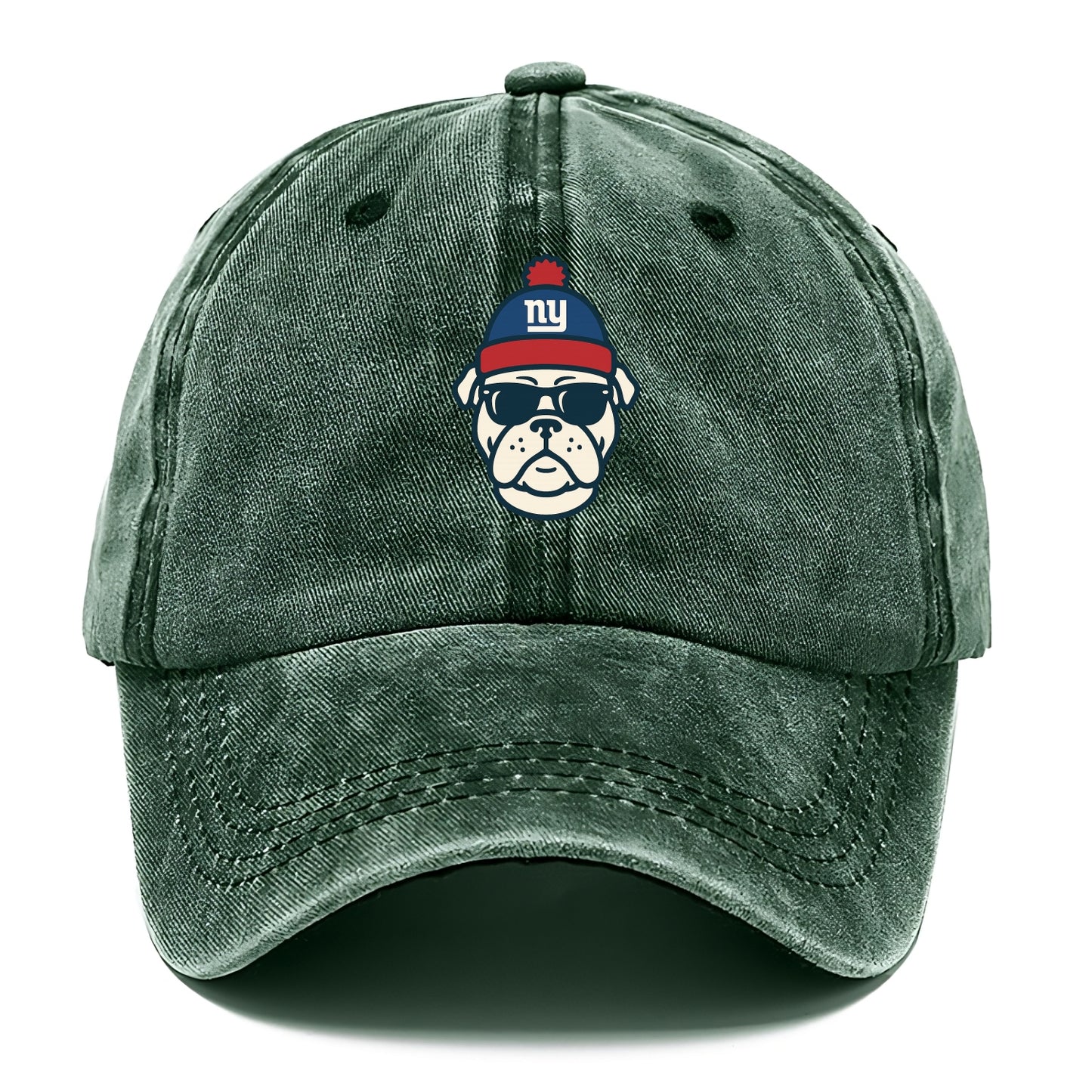 New York Bulldog wearing Giants blue and red beanie with pom pom and wayfarer - Classic Cap - Forest Mist(Green)