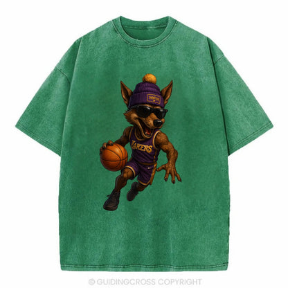 Hollywood Coyote wearing Lakers beanie with Showtime patch and wayfarer sunglasses - Vintage T-shirt - Forest Mist(Green)