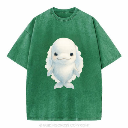 Baby Beluga Whale - pure white, rounded forehead, small eyes with big - Vintage T-shirt - Forest Mist(Green)