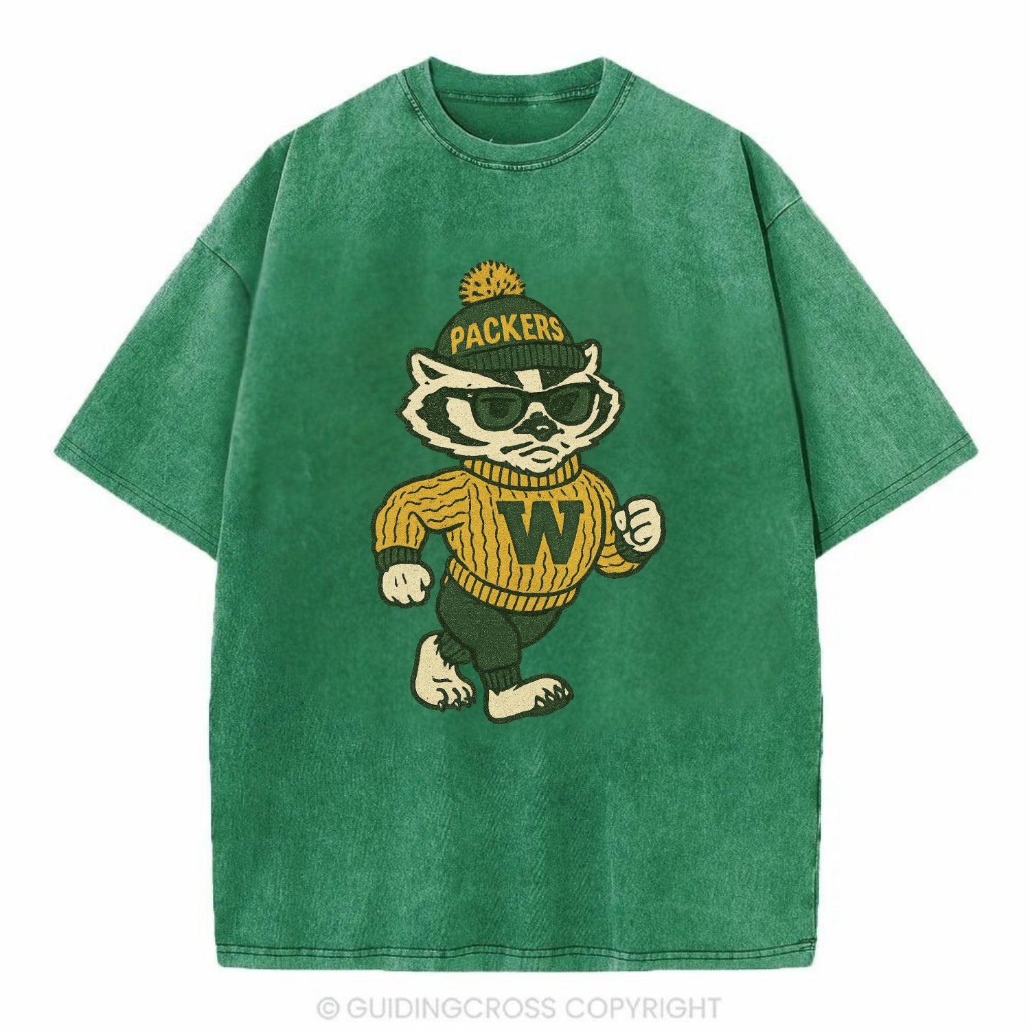 Wisconsin Badger wearing Packers green and gold beanie with pom pom and wayfarer - Vintage T-shirt - Forest Mist(Green)